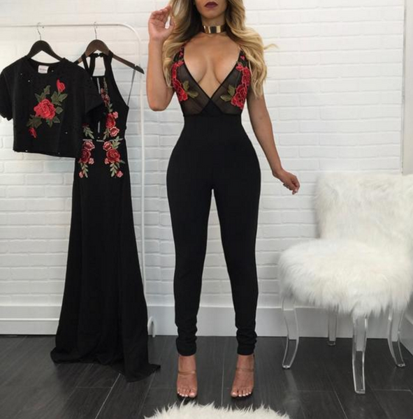 Sexy transparent embroider roses straps dark v neck show thin fashion jumpsuit