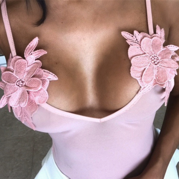 Fashion Sexy Summer Straps Flower Gauze Splicing Transparent Romper