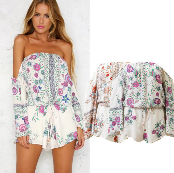 New Fashion Sexy Off Shoulder Flower Print Loose Long Sleeve Romper