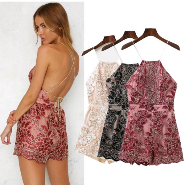 New Fashion Straps Embroider Lace Splicing Show Thin Backless Romper