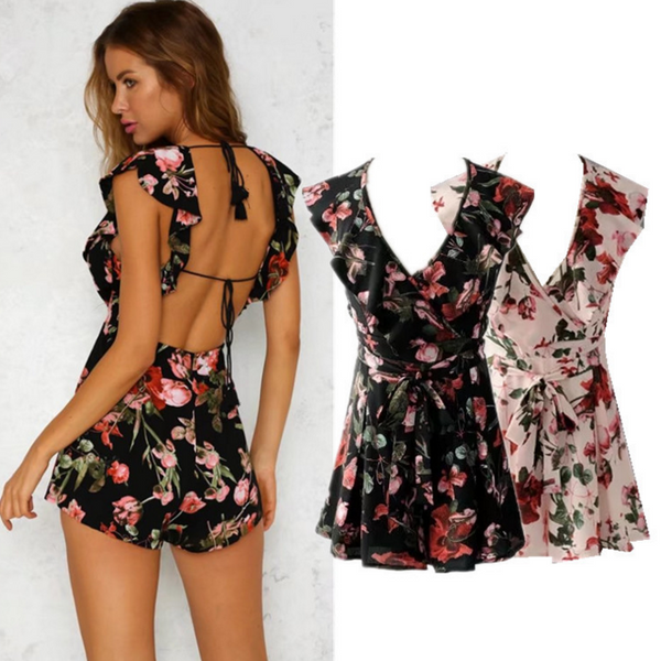 New Summer Fashion Flower Print Show Thin Sexy Backless Romper