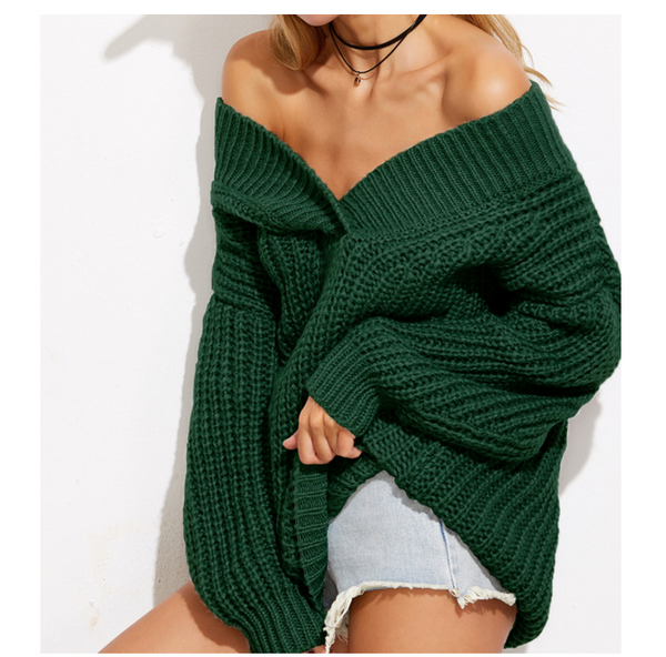 New V-neck thick solid knitted women's loose sweater dress