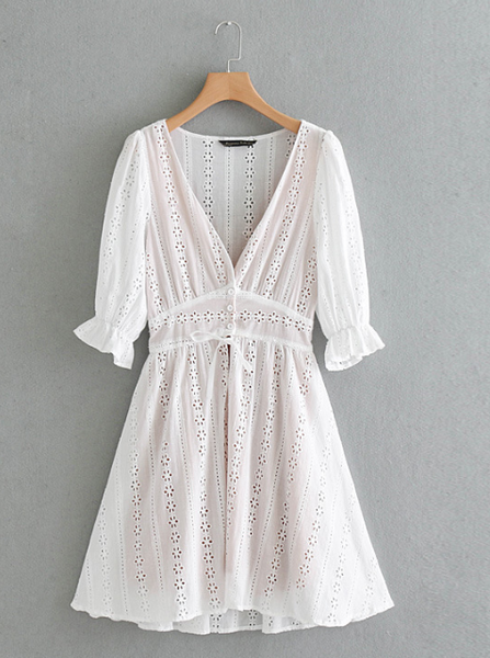 Solid color V-neck lace stitching pullover dress skirt