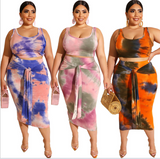 Hot style women's tightfitting and sexy two-piece tie-dye print suit with buttocks and midriff