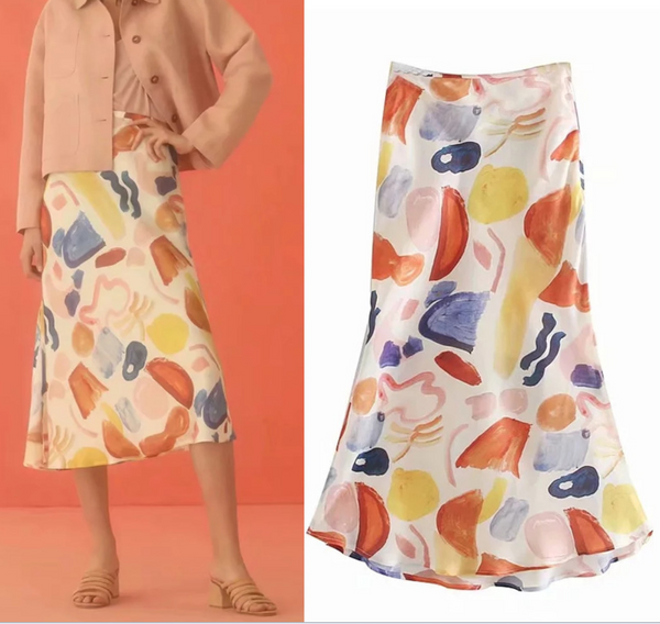 Trend retro print satin loose and slim versatile slit skirt women