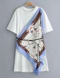 Summer new women's temperament patchwork print scarf waist-tight loose T-shirt dress