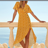 Summer v-neck short sleeve print single breasted high waist irregular show leg dress