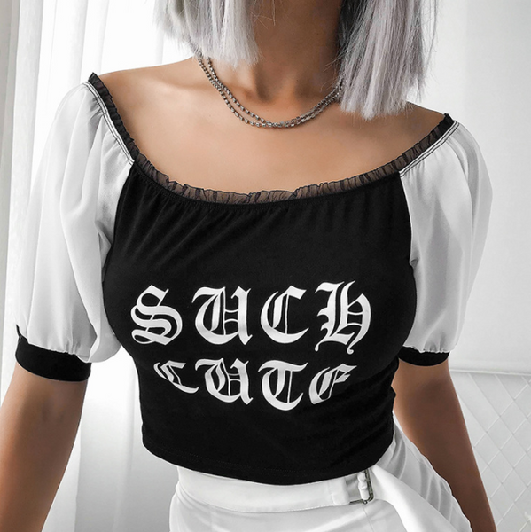 Explosion models women's sexy word shoulder Gothic print strapless T-shirt top