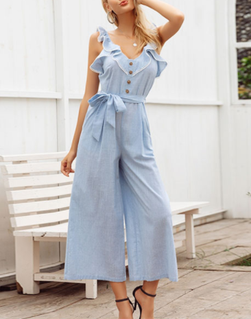 Spring and summer striped jumpsuit casual new long jumpsuit V-neck female