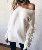 Spring and Autumn New Solid Color Round Neck Pullover Lotus Leaf Sleeve Sweater Knitwear