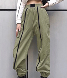 Contrasting color zipper large pockets slimming elastic band trousers women