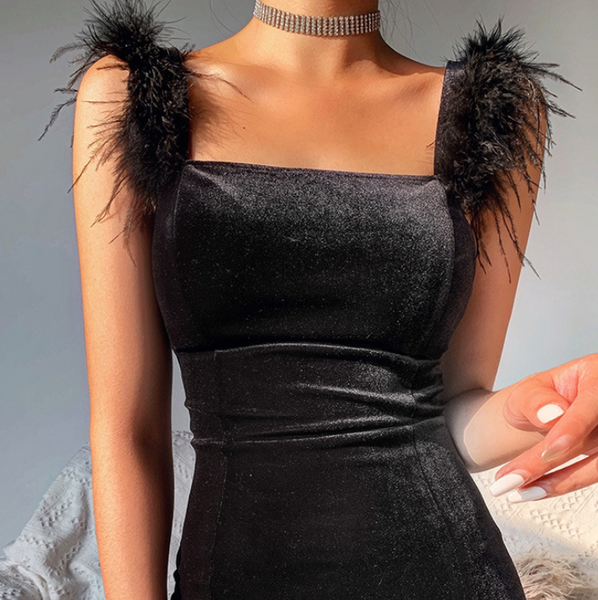 Hot sale sexy mid-length split fur shoulder dress