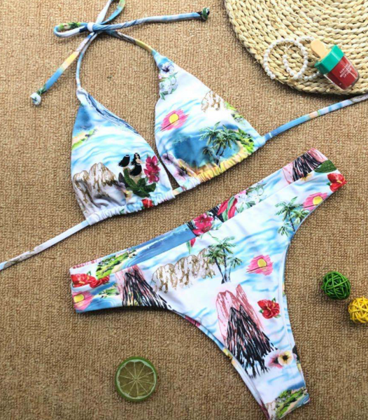 Explosive hot sale split print open back sexy gathered triangle beach swimwear