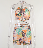 New printed halterneck swimsuit two-piece sexy backless show chest and hip suit