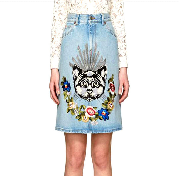 Fashion Sexy Embroider Flower Blue High Waist Cowboy Short Skirt