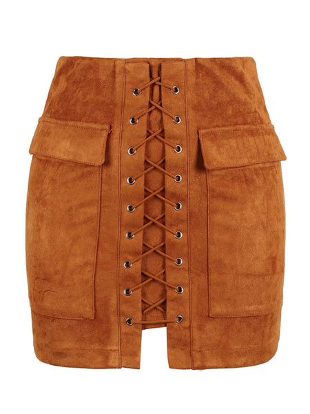 Brown Faux Suede Lace Up Front Pencil Mini Skirt